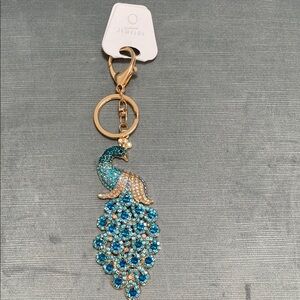 Elegant Peacock Key Holder , bag charm with Blue and Gold Gemstone Accents 7”